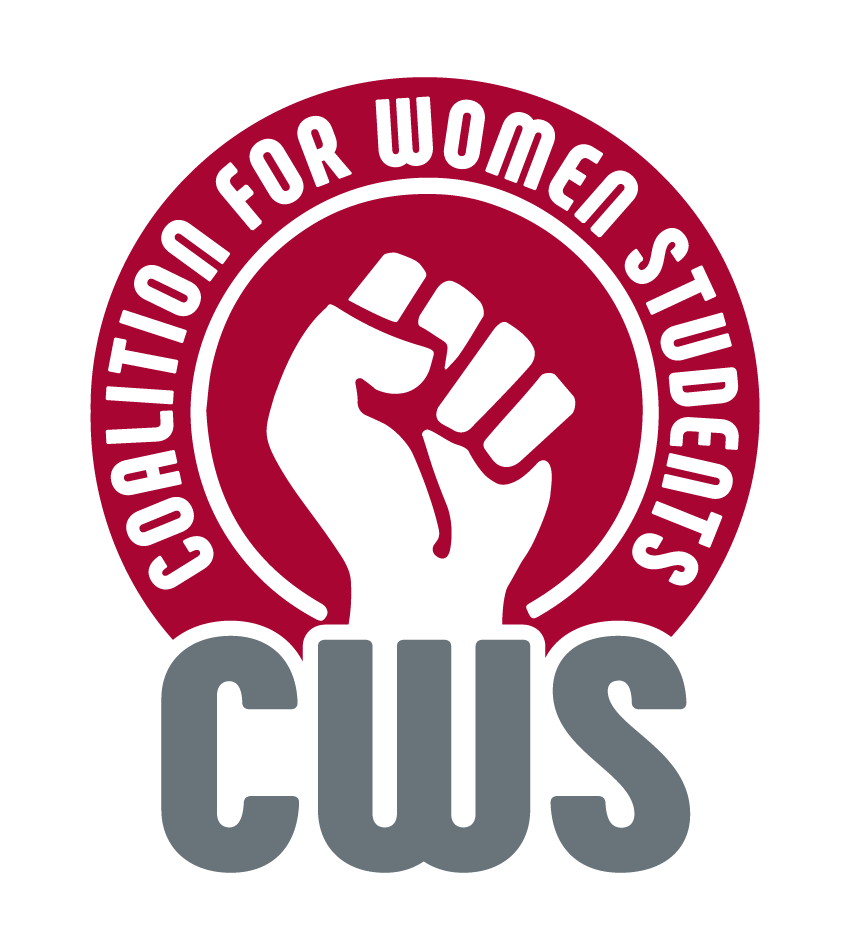 CWS Logo with a drawing of a fist rising under the half circle of words Coalition for Women Students and next to it in large letters are CWS.
